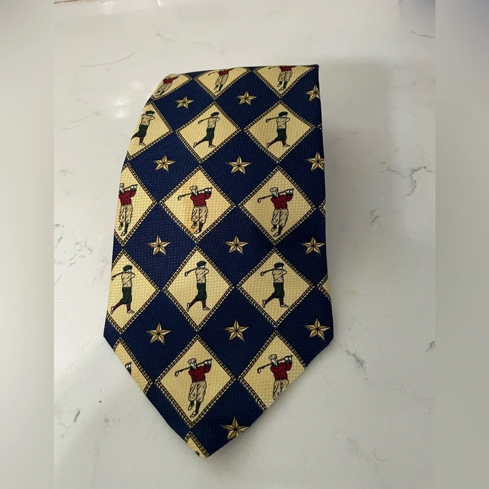 Tommy Hilfiger beige Navy blue Diamond Golfers Print 100% Silk Tie made in USA